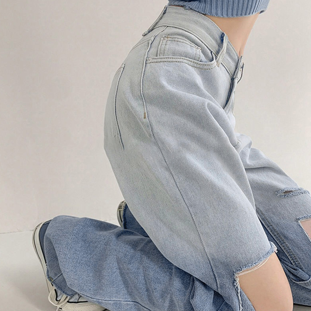 パンツセットアップ ハイウエストダメージワイドデニムパンツ