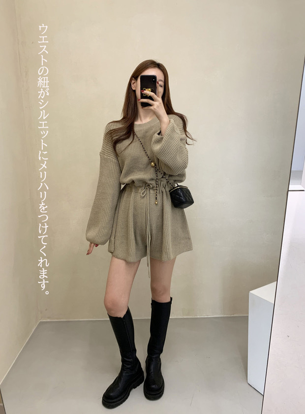 パンツセットアップ 秋冬新作 レディース ニット ショート丈 大人女子 カジュアル