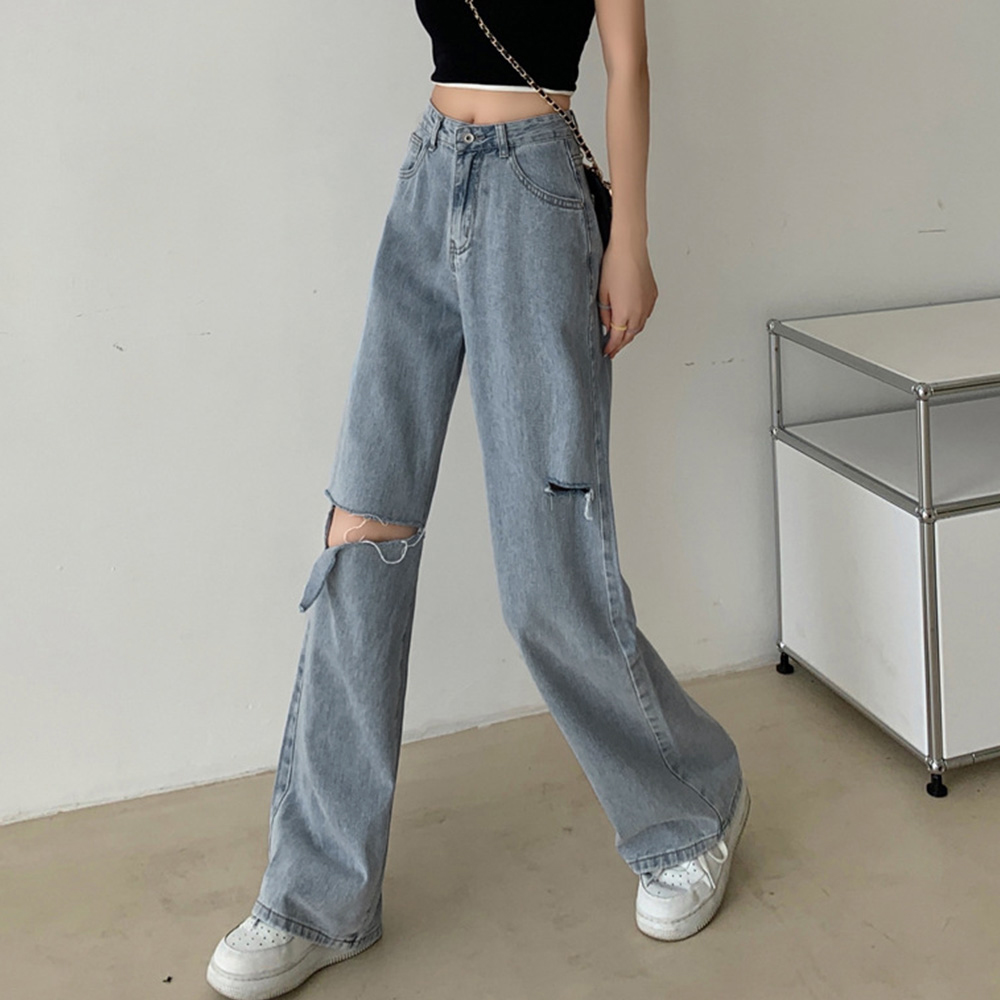 パンツセットアップ ダメージ加工ワイドデニムパンツ レディース着痩せ