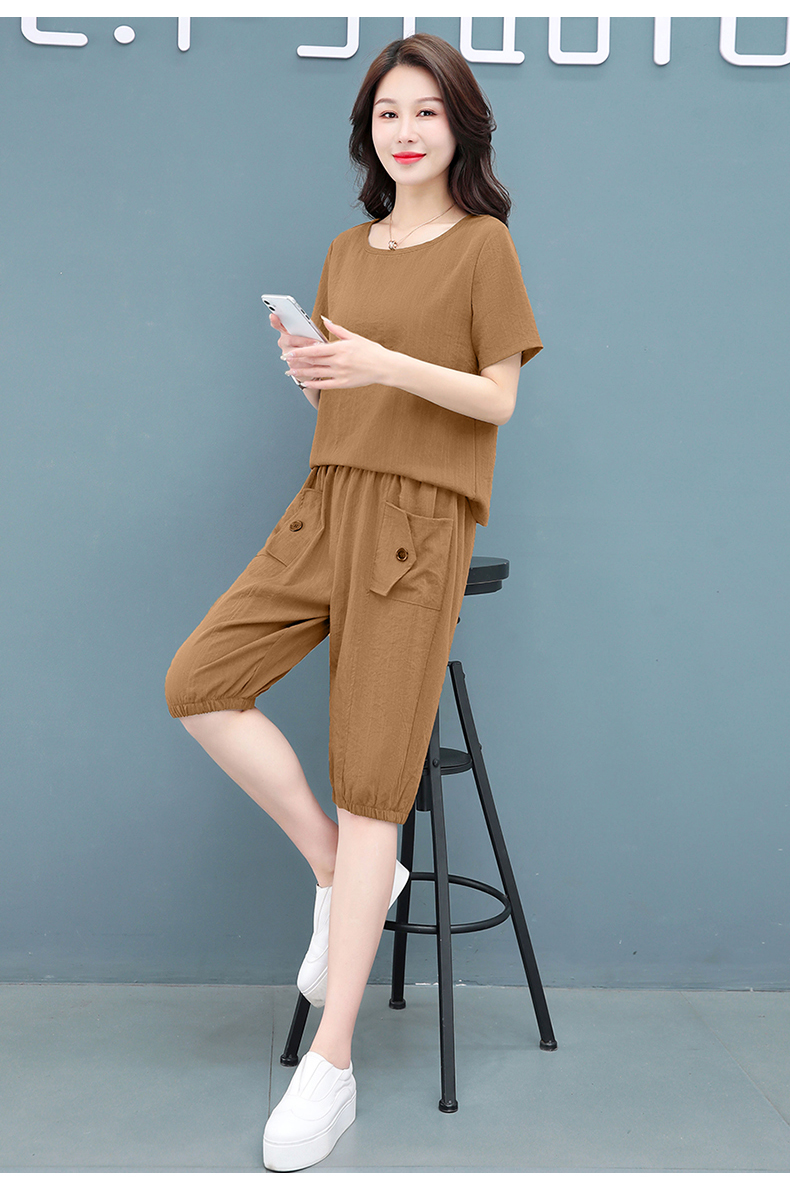 パンツセットアップ リネン風ポケット付き膝丈セットアップ