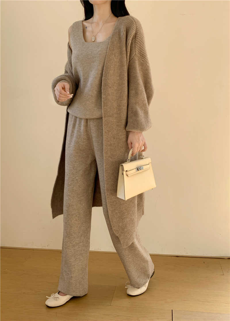 パンツセットアップ 秋冬新作 ニットカーディガン ワイドパンツ 三点セット