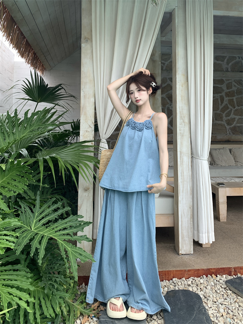 パンツセットアップ 夏新作韓国風花飾りキャミソール×ワイドパンツセット