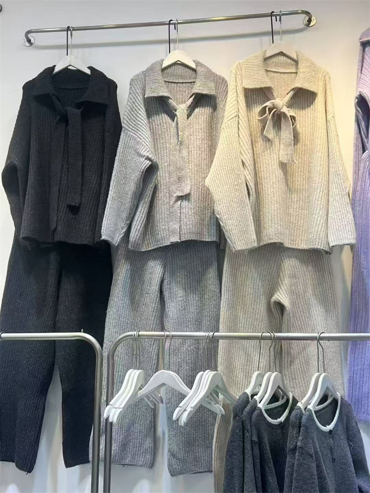 秋冬厚手編みワイドパンツセットアップ上下組