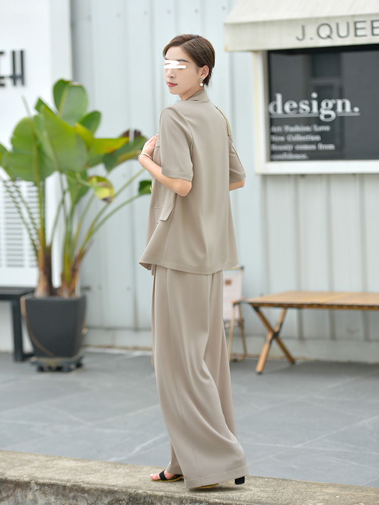 パンツセットアップ ワイド 洗練半袖ダブルジャケットワイドパンツ