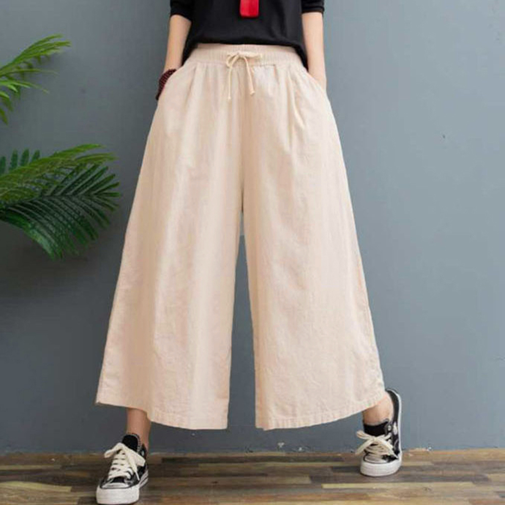 パンツセットアップ 麻混ワイドパンツ レディース ゆったり紐付き