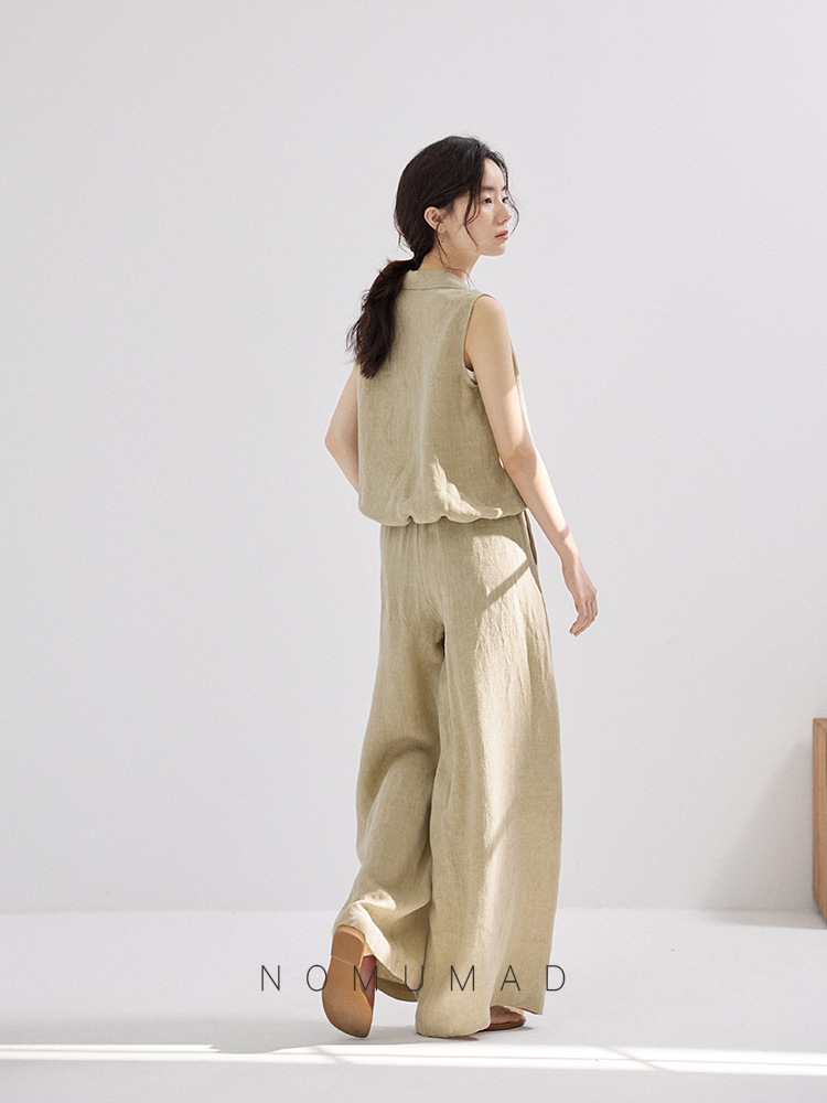 パンツセットアップ 麻混ノースリーブワイドパンツセット