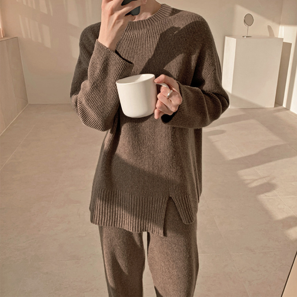パンツセットアップ 秋冬ニットセットアップ ワイドパンツ スリット入り上下セット