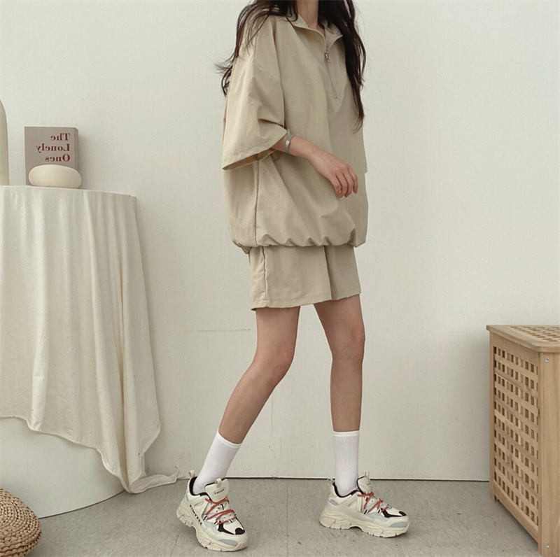 パンツセットアップ 無地ゆるジップトップス×ショートパンツ二点セット