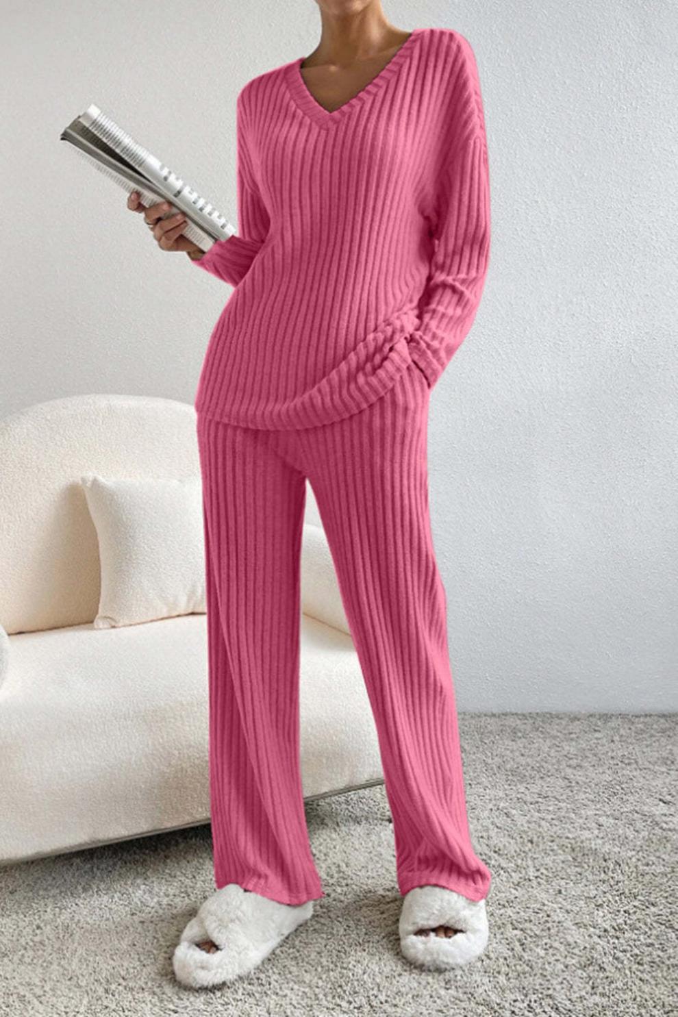 パンツセットアップ リブ編みゆったりパンツセットアップ