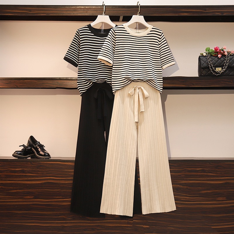 パンツセットアップ ボーダーニット×ワイドパンツ 二点組 体型カバー上下セット