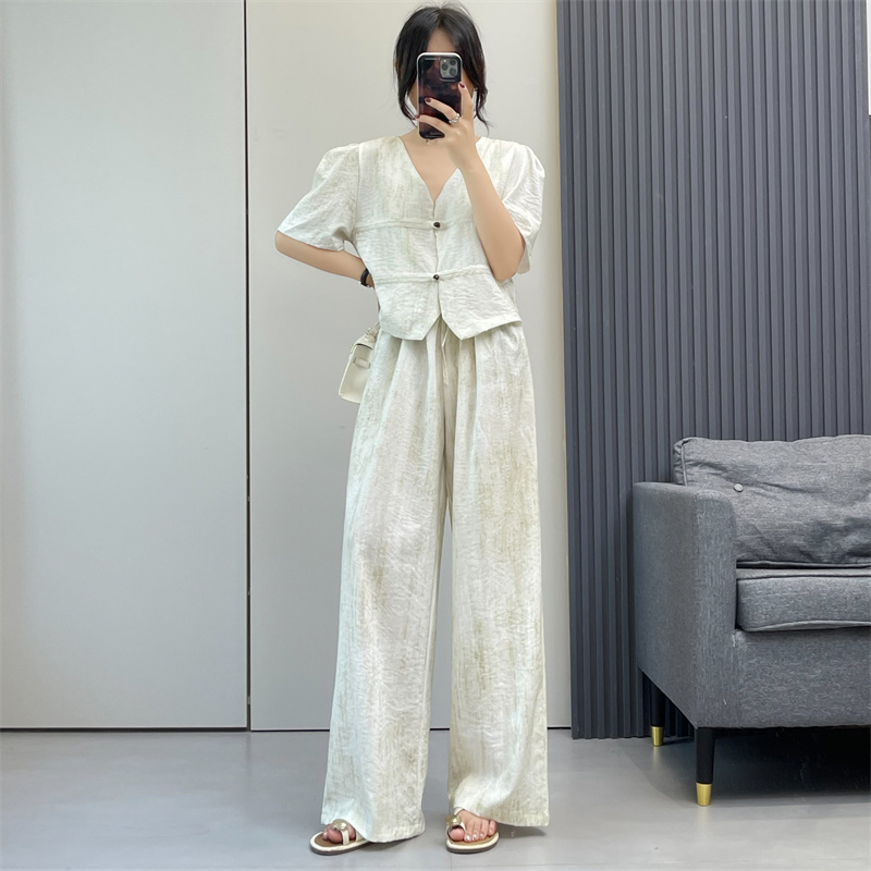 パンツセットアップ ワイド パフスリーブ麻混ワイドセットアップ