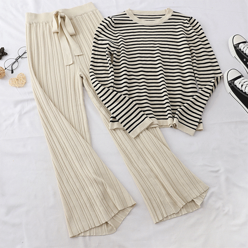 パンツセットアップ ボーダーニット×ワイドパンツ 二点組 体型カバー上下セット