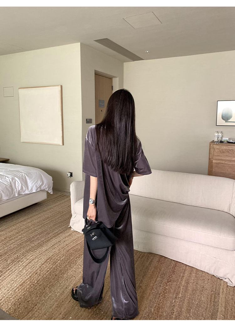 パンツセットアップ ワイド 光沢感ベロアワイドパンツセットアップ