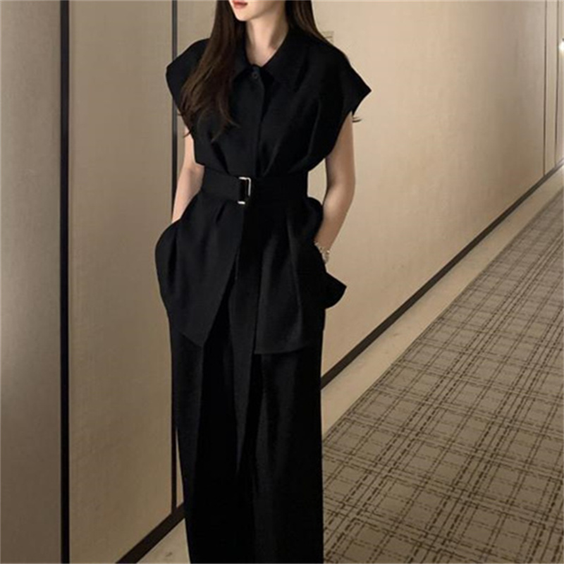 パンツセットアップ 夏用スーツ二点組み半袖上着ワイドパンツ女性用着回し服