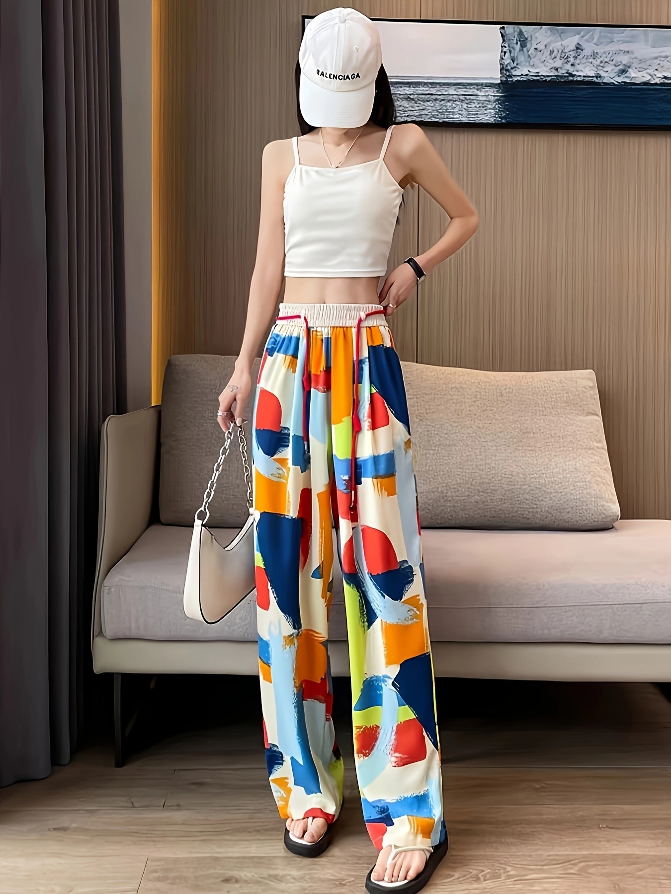 パンツセットアップ アートペイント風ゴム腰ワイドパンツ