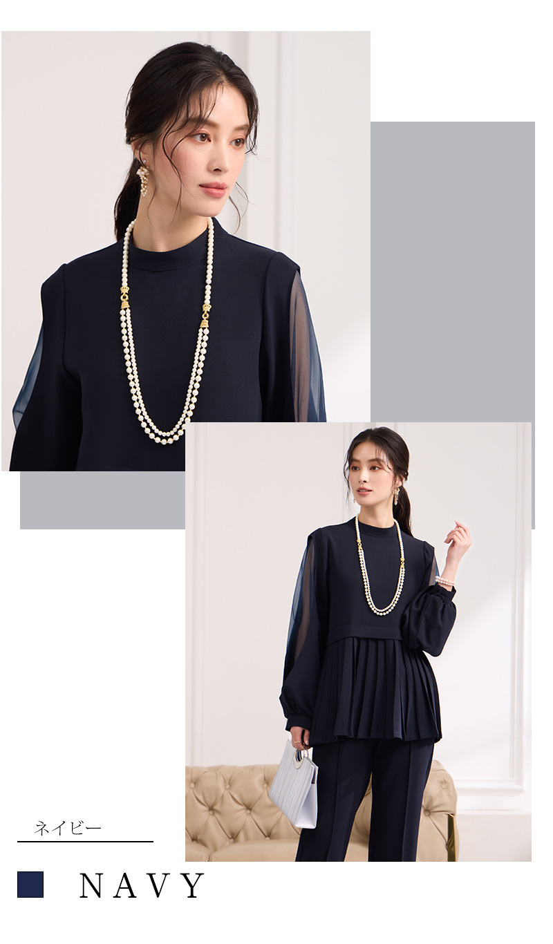 パンツセットアップ 透け感シフォン プリーツ切替セットアップ