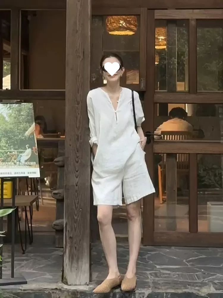 パンツセットアップ 麻混ゆったりワンピースショートパンツ
