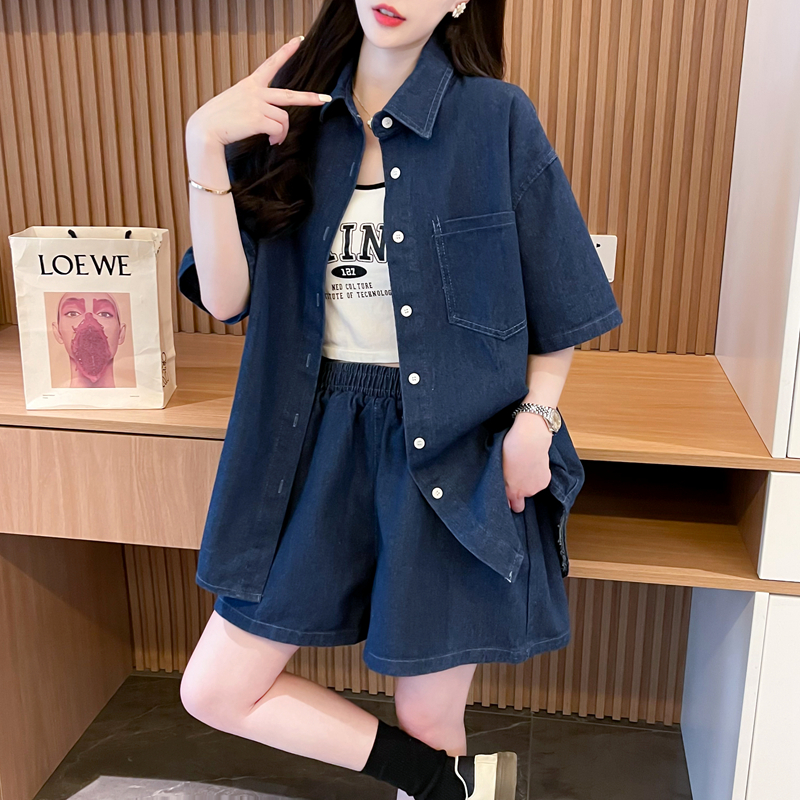 パンツセットアップ ショート ゆったりデニムシャツ＆ショートパンツセット
