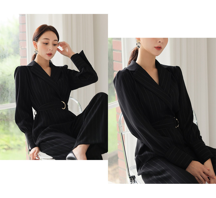 パンツセットアップ 上品ピンストライプ柄ベルト付きテーラードジャケット