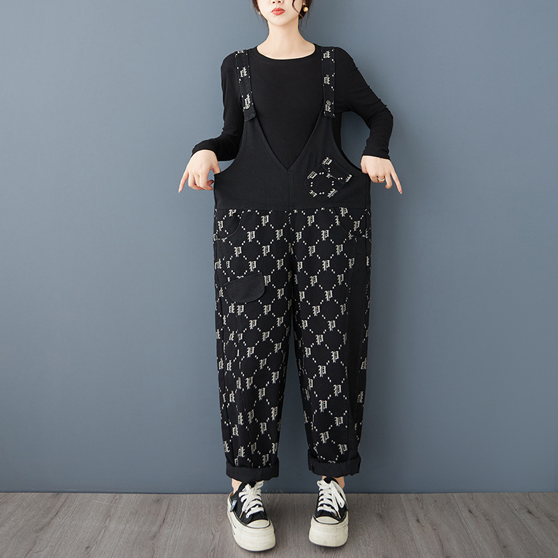 パンツセットアップ 幾何学模様サロペットパンツ