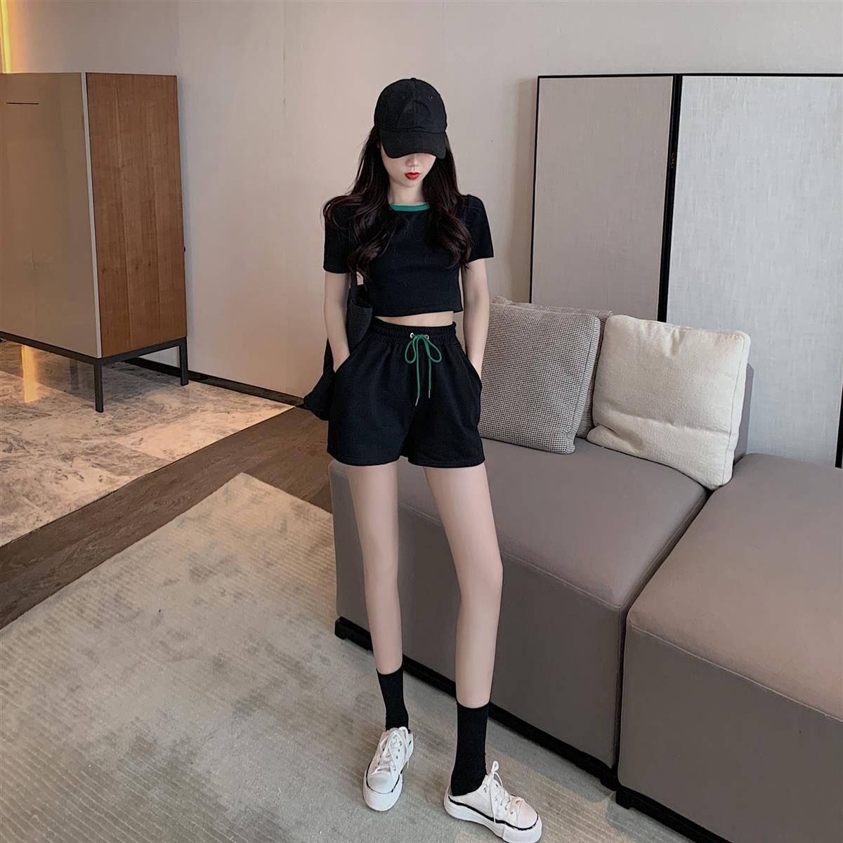 パンツセットアップ ウエストリボン ショート丈セットアップ