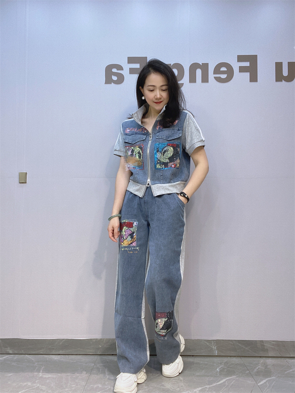 パンツセットアップ 刺繍デニム切替ベスト×ワイドパンツセットアップ