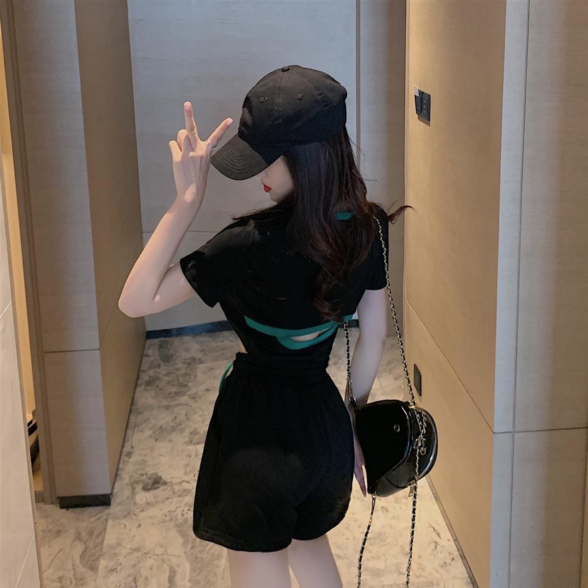 パンツセットアップ ウエストリボン ショート丈セットアップ