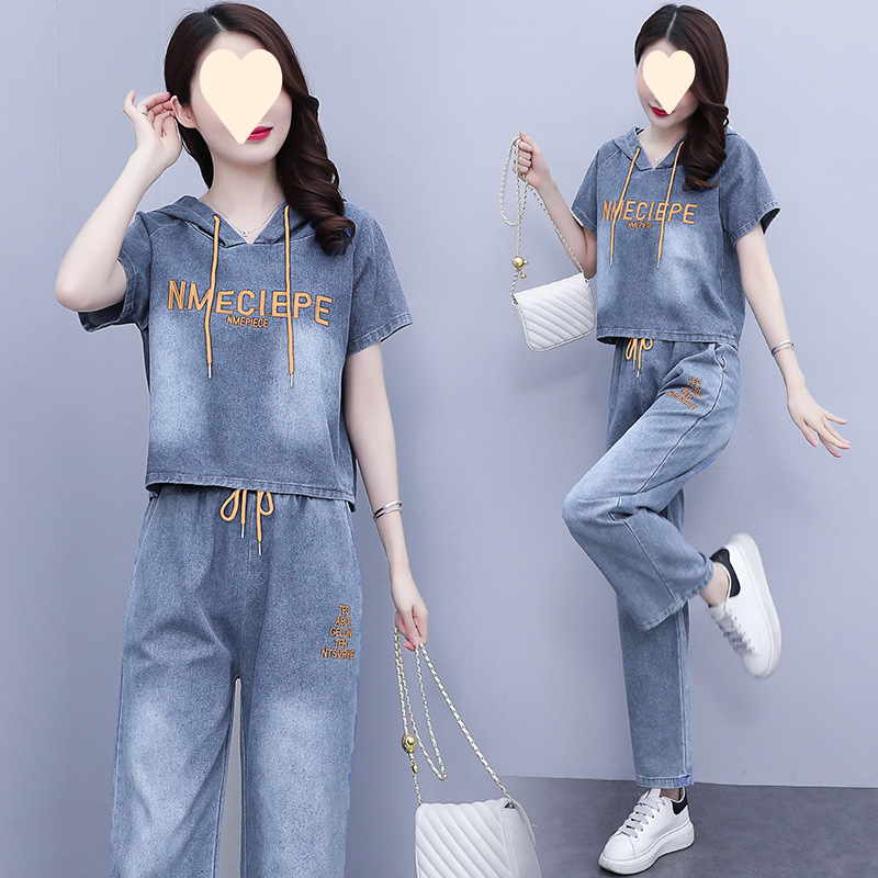 パンツセットアップ デニム風フード付きワイドパンツセット