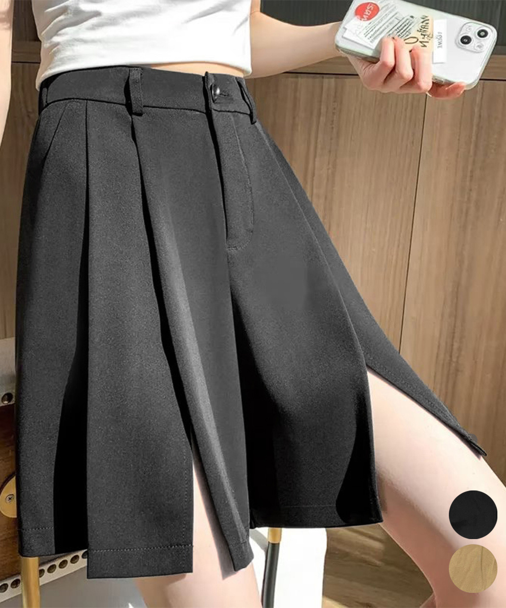 パンツセットアップ 女性用正装風ショート丈スリット入りパンツ