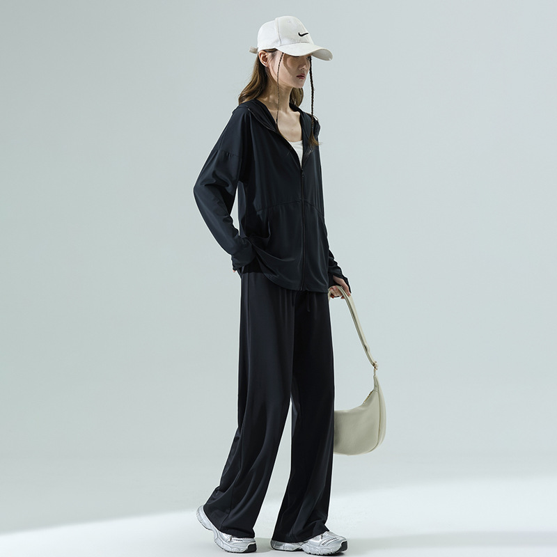 パンツセットアップ 氷絹素材フーディーワイドパンツセット