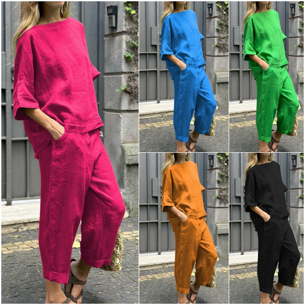パンツセットアップ リネン風ワイドパンツセットアップ