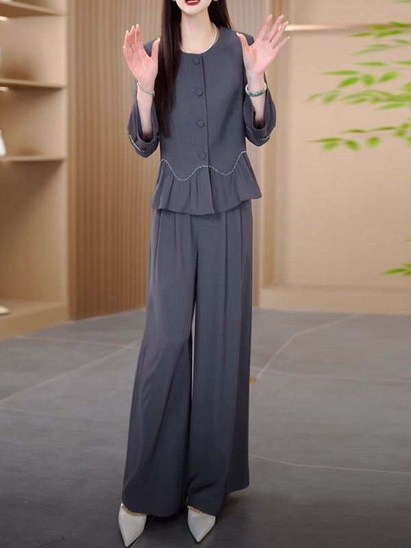 パンツセットアップ 裾フリル切替えワイドパンツセット