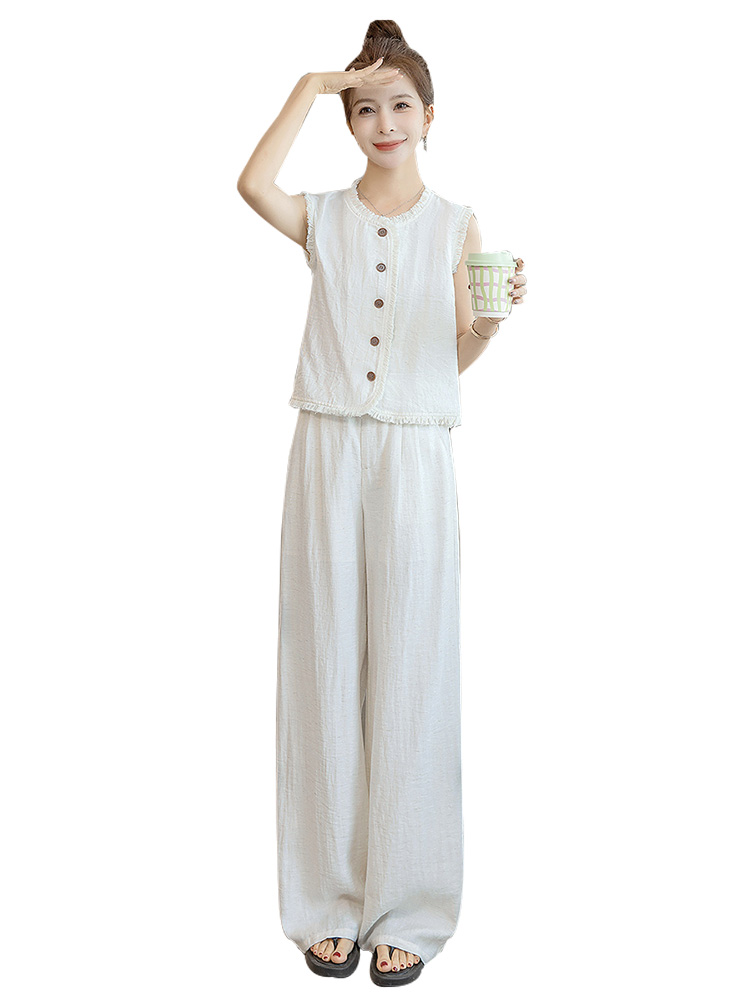 パンツセットアップ フリンジ飾りノースリーブワイドパンツセット