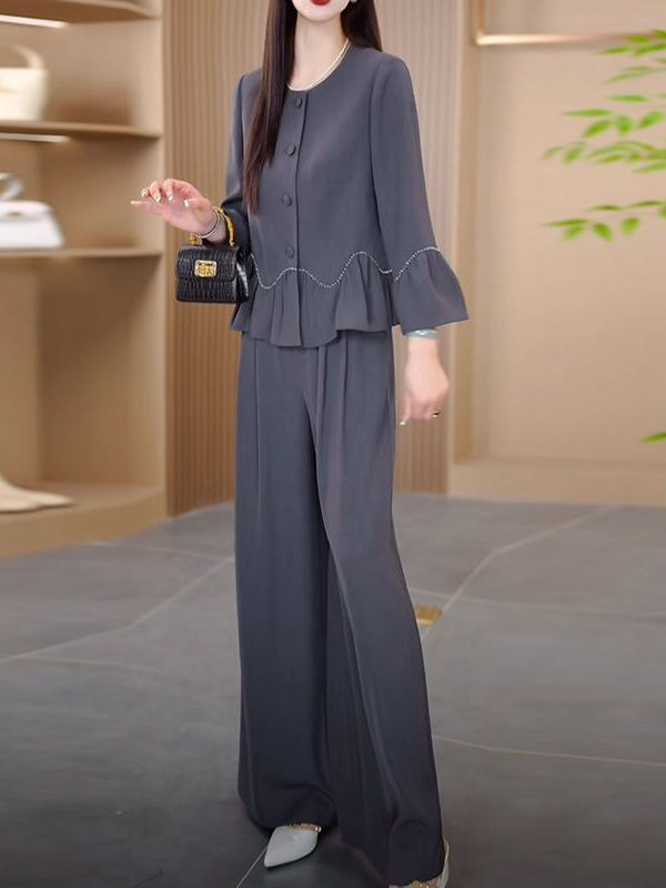 パンツセットアップ 裾フリル切替えワイドパンツセット