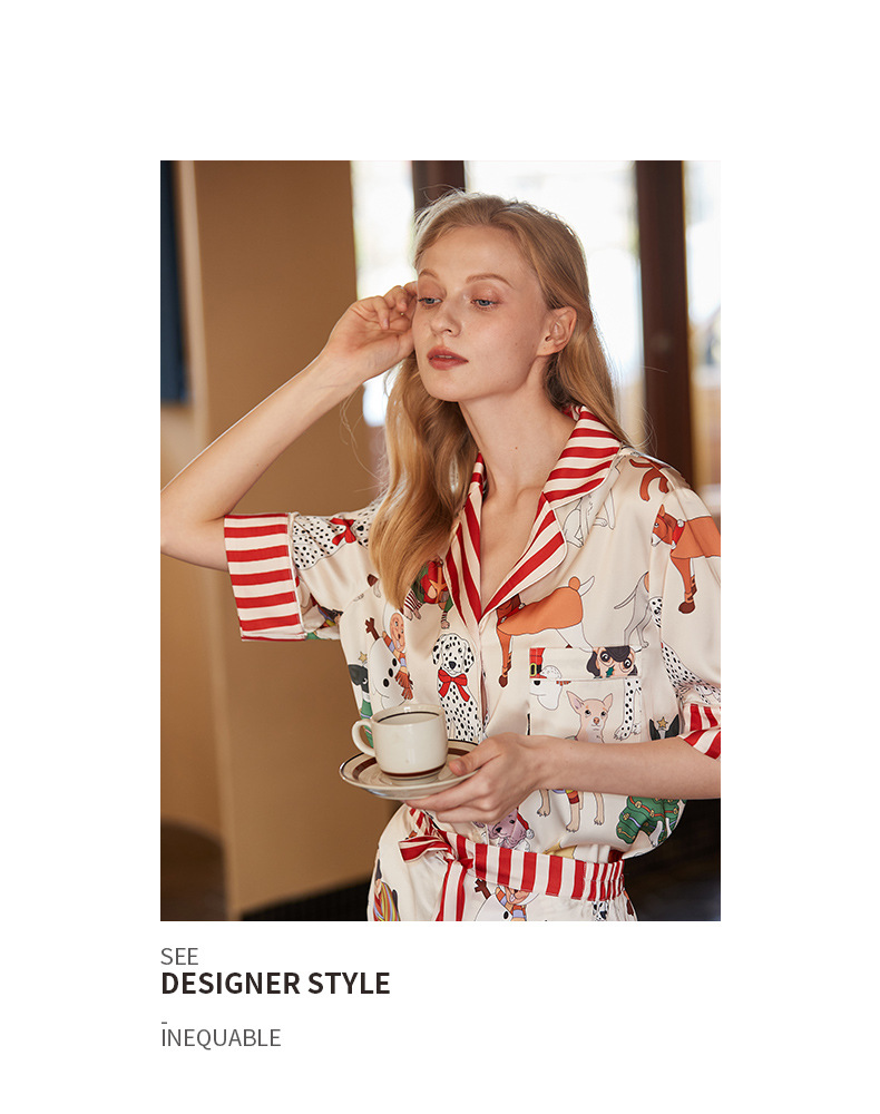 パンツセットアップ 犬柄ストライプ切替開襟パンツセットアップショート