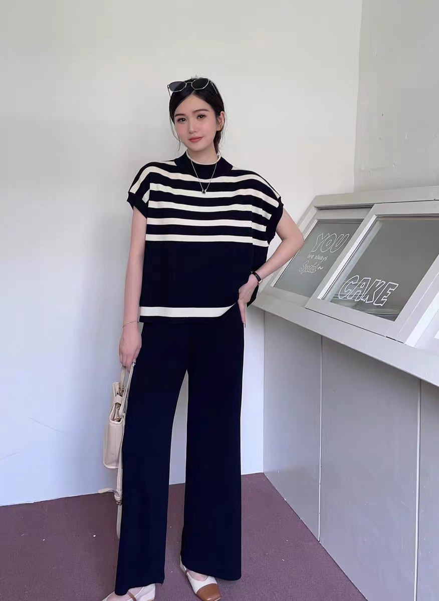パンツセットアップ ボーダーニット ワイドパンツセットアップ