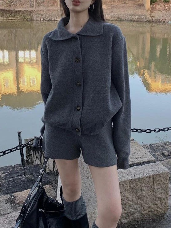 パンツセットアップ ニット素材襟付きジャケット×ショート二点セット