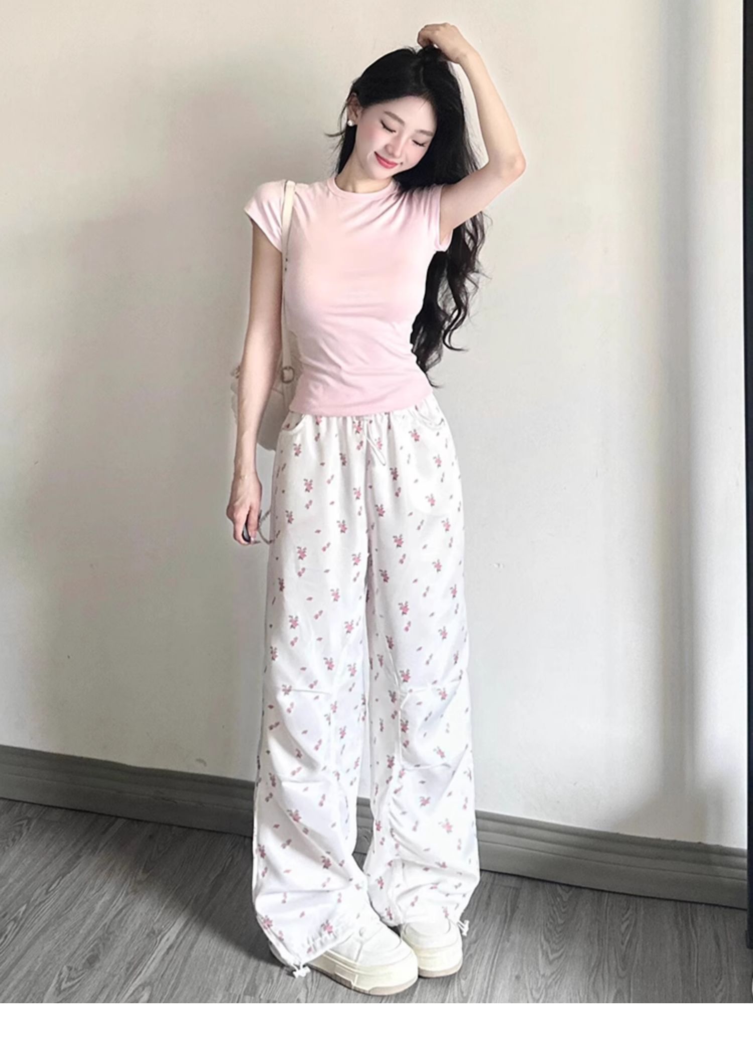 パンツセットアップ 小花柄フレアワイドパンツセット