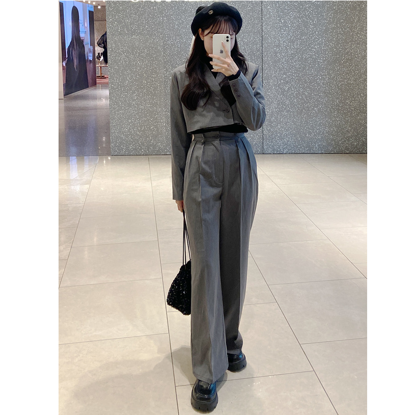 パンツセットアップ クロップド丈ジャケット×ワイドパンツセット