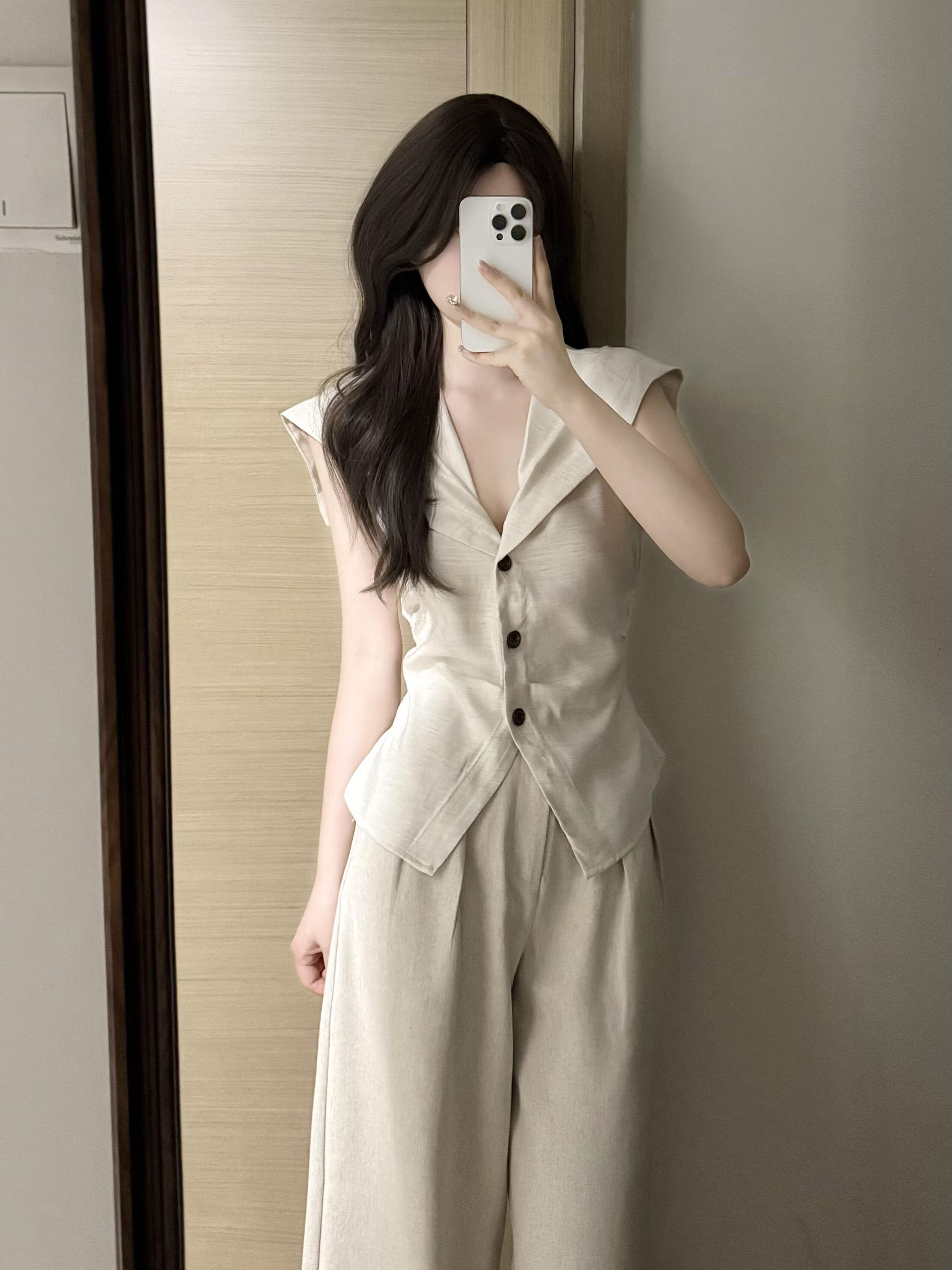 パンツセットアップ リネン風ワイドパンツセットアップ