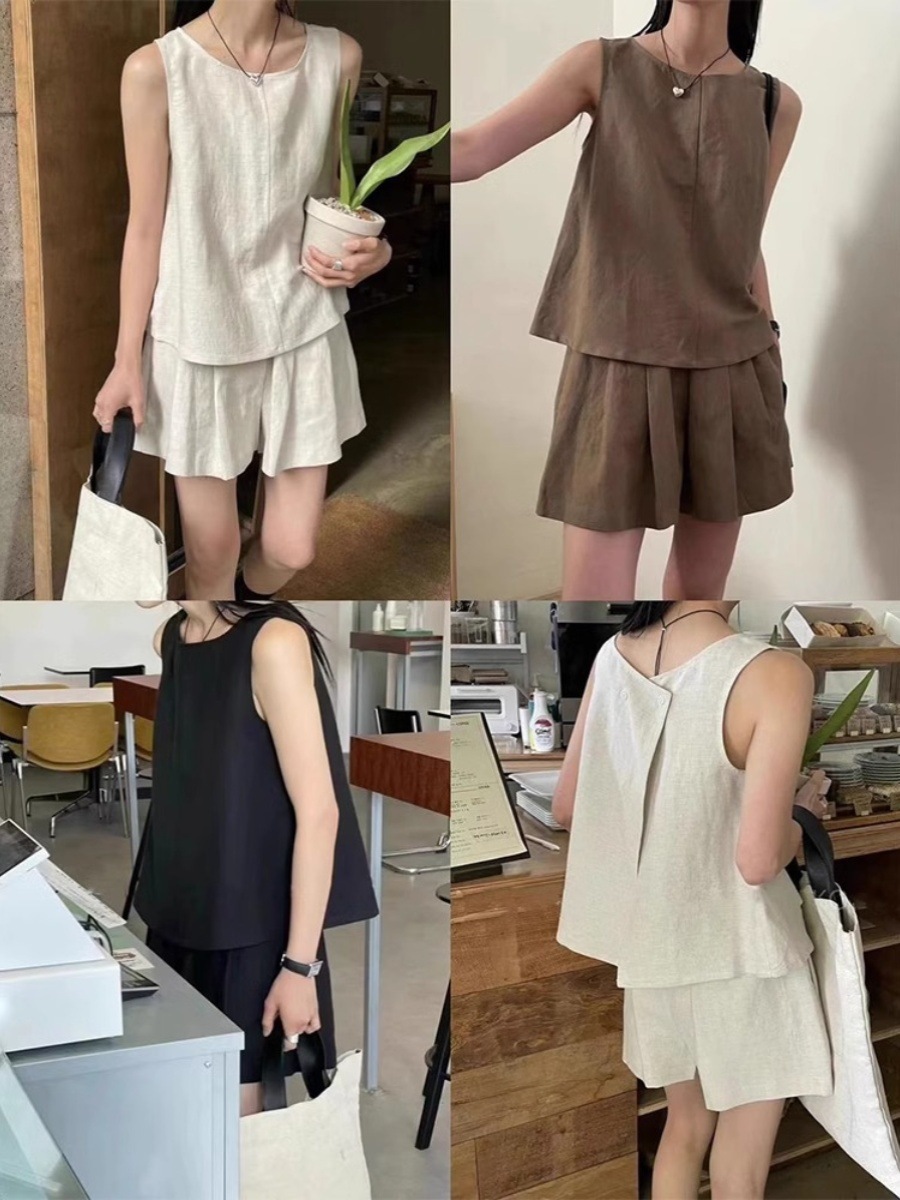 パンツセットアップ 麻混タンクトップショート上下セット