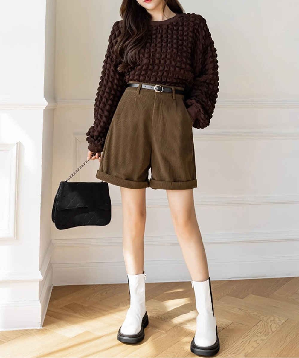 パンツセットアップ 秋冬コーデュロイショートパンツ ハイウエスト