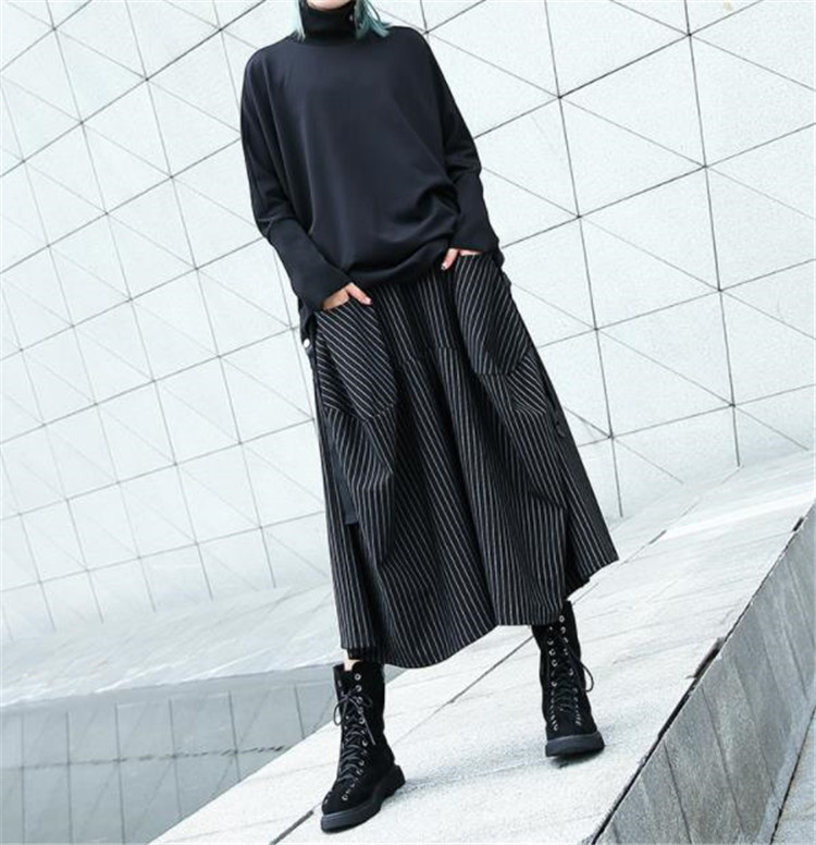 パンツセットアップ 春秋対応ハイウエストしま模様ワイド七分丈キュロット