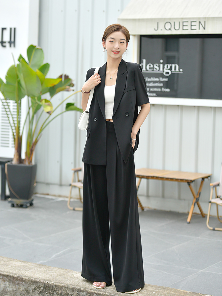 パンツセットアップ ワイド 洗練半袖ダブルジャケットワイドパンツ
