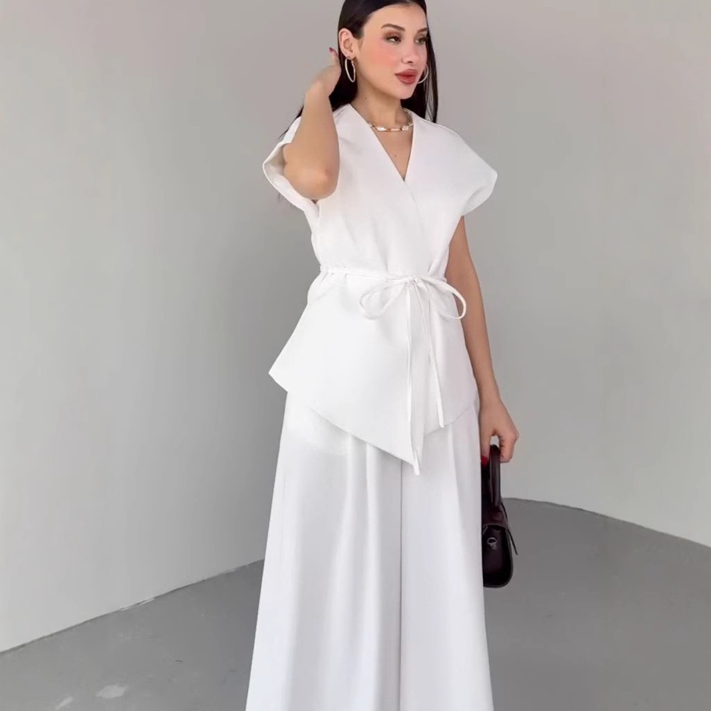 パンツセットアップ 優美リボン結びワイドパンツセット