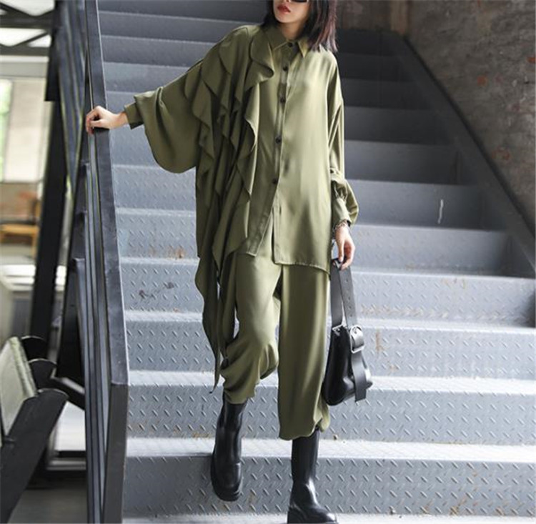 パンツセットアップ 上品復古風長袖ブラウスワイドパンツ女性用2点組