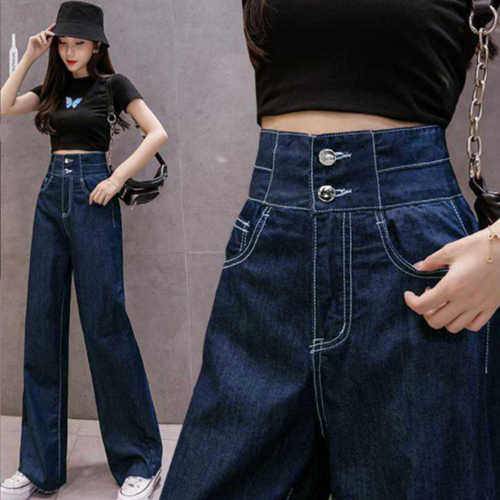 パンツセットアップ ハイウエストデニムワイドパンツ脚長効果美脚