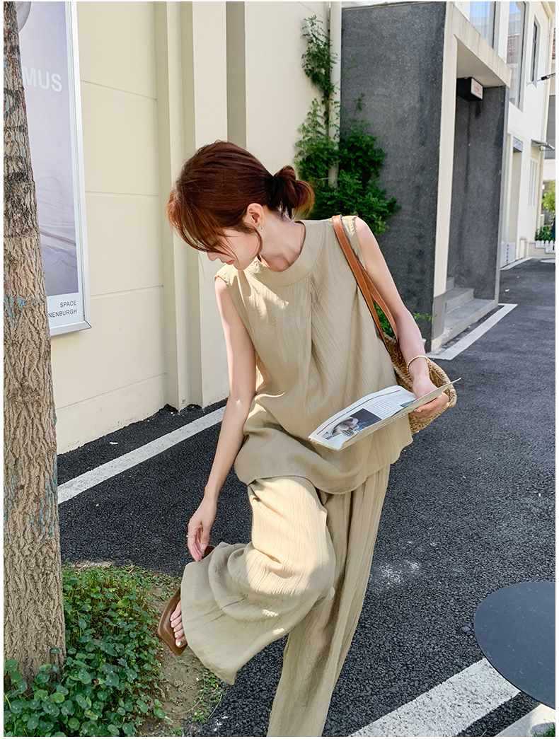 パンツセットアップ リネン風ノースリーブワイドパンツセット