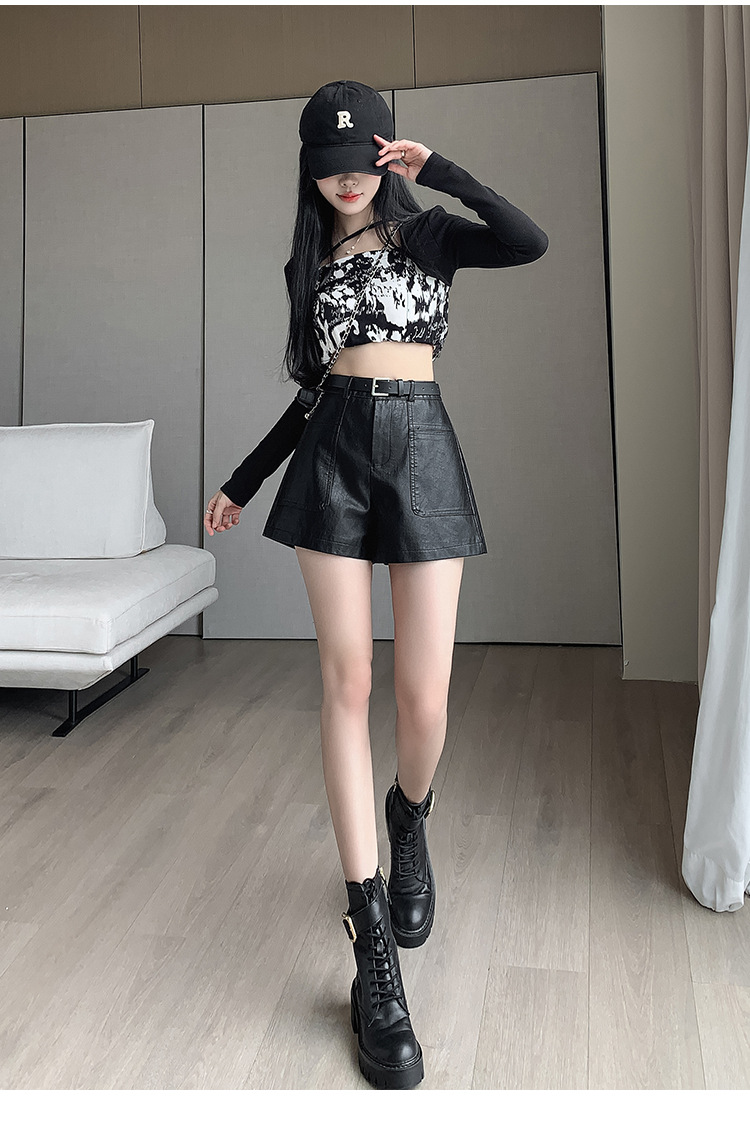 パンツセットアップ ベルト付きハイウエストショートパンツ
