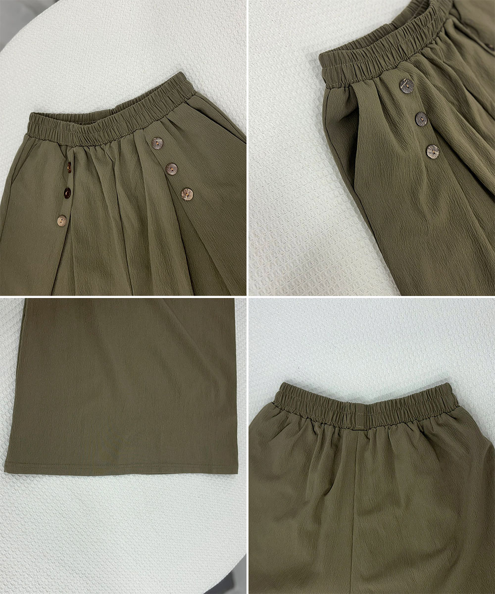 パンツセットアップ サイドボタン付きワイド丈ハイウエストパンツ